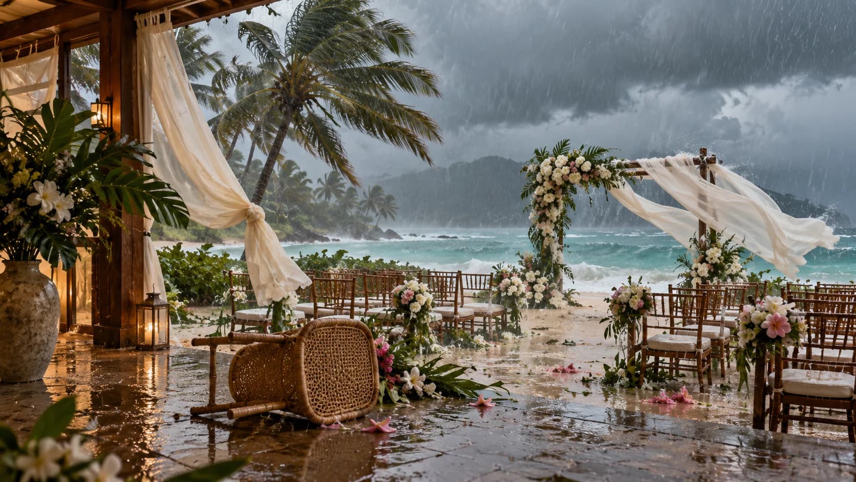 Illustration of wind-driven rain sweeping through an empty tropical beach wedding setup