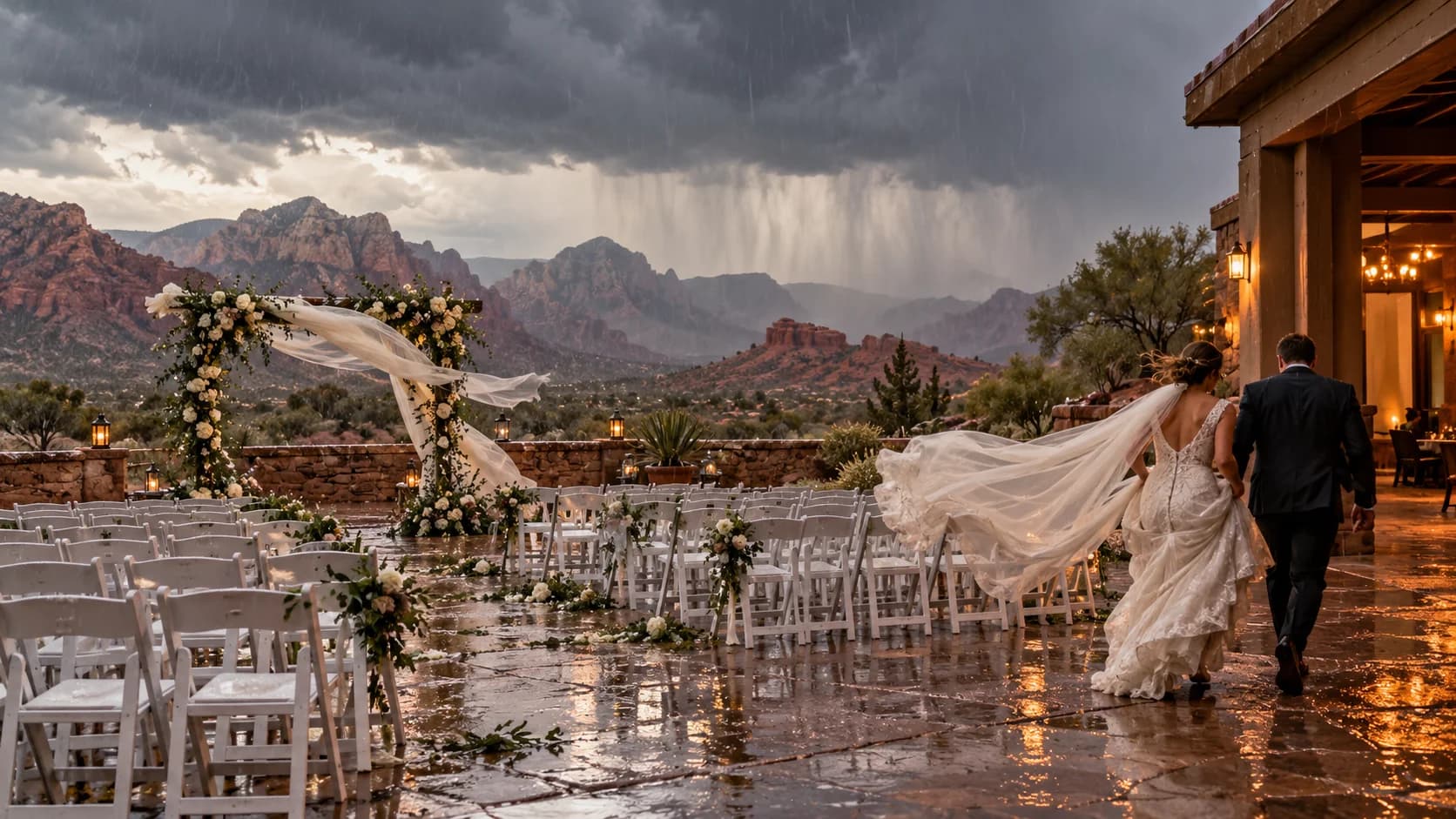 Illustration of a couple leaving a rain-soaked desert wedding terrace as a monsoon moves across the mountains